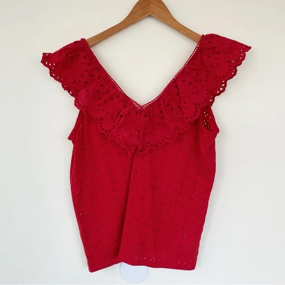 LOFT Eyelet V-Neck Tank Top with Ruffle V-Neck Vivid Red M Medium - Picture 5 of 7